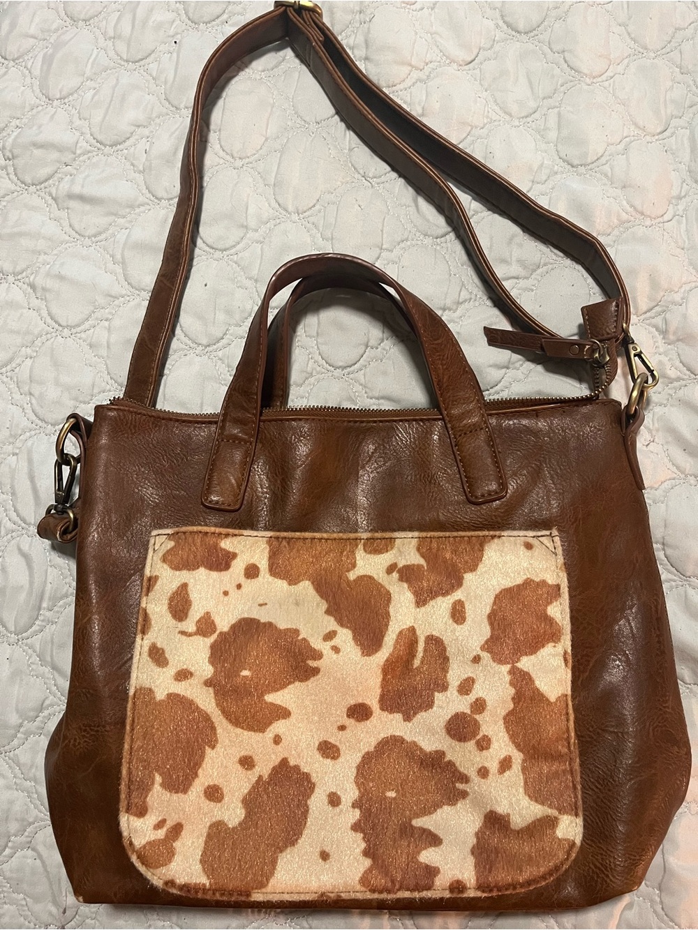 Joy Susan Brown Leather Crossbody with Cowhide Accent Pocket